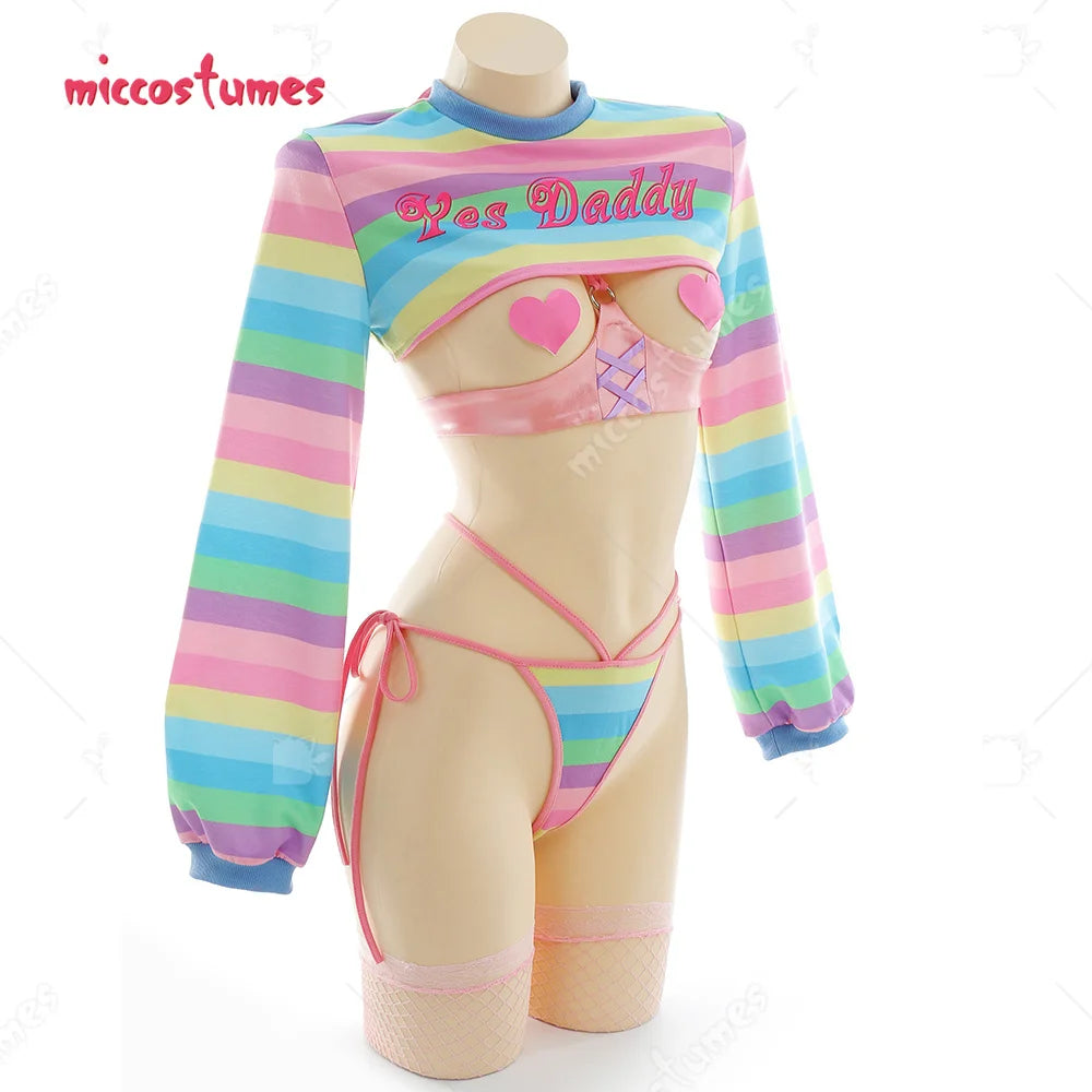 Women Sexy Cosplay Lingerie Rainbow Stripe Long Sleeve Short Tops and Panty with Stockings Sleepwear Sexy Costumes