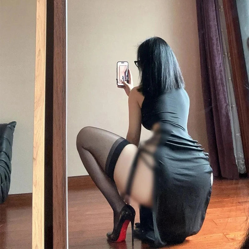Women's Gothic Dress Summer New Sleveless Slim Sexy Black Wind Hanging Neck Tie Double Split Dress Female Y2K Clothing Dresses