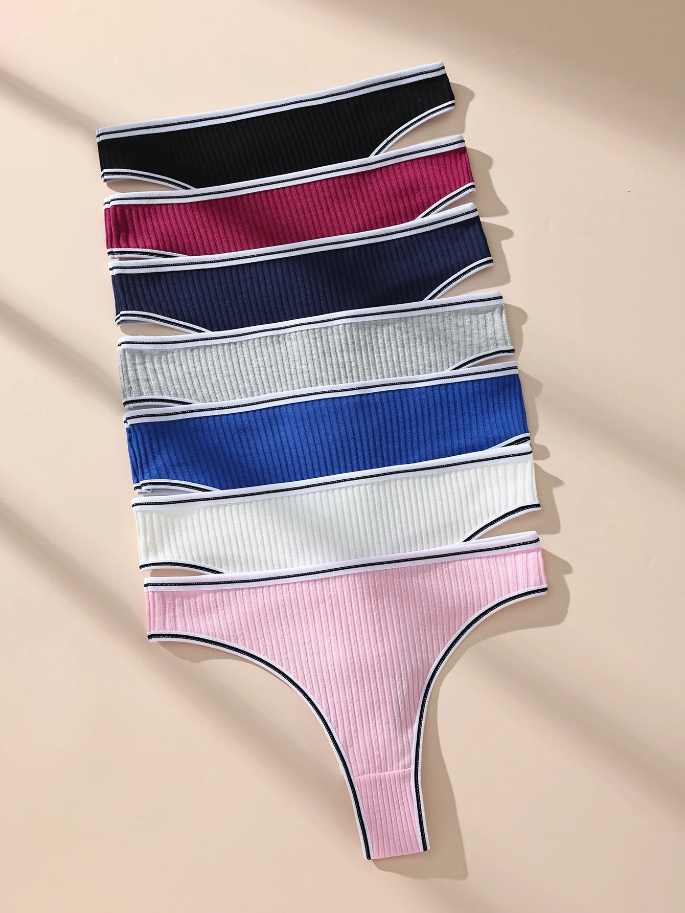 Hotcom 7Pcs Ribbed Cotton Bikini Thongs for Women Letter Print Seamless Comfortable Breathable Underwear Panties