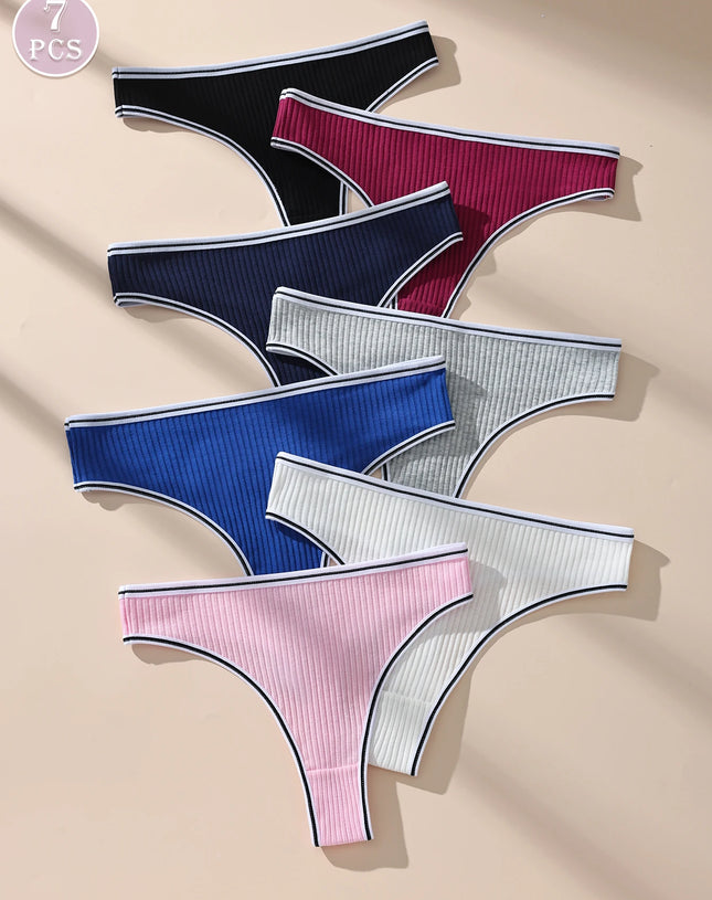 Hotcom 7Pcs Ribbed Cotton Bikini Thongs for Women Letter Print Seamless Comfortable Breathable Underwear Panties