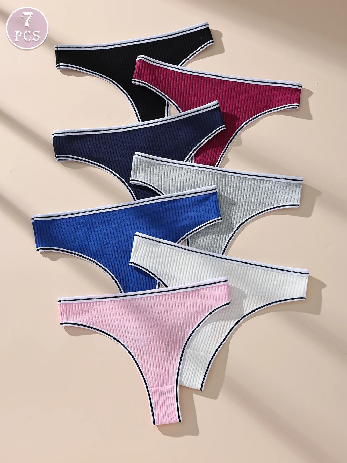 Hotcom 7Pcs Ribbed Cotton Bikini Thongs for Women Letter Print Seamless Comfortable Breathable Underwear Panties