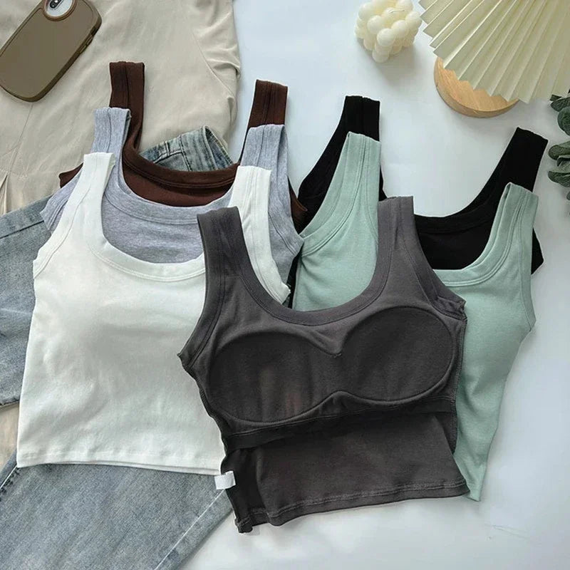 Women's Vest One-Piece No Steel Ring Cotton Chest Pad Wide Shoulder Sports Yoga Vest Underwear Black White Bra Tank Top Women