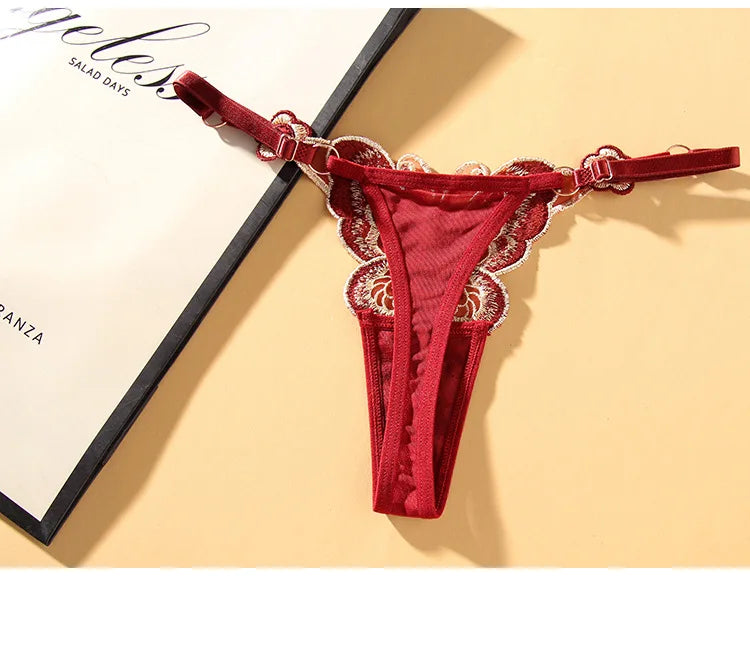 Cute Butterfly Embroidery Women Thongs And G strings Sexy Transparent Mesh Briefs Adjustable Waist Panties Culotte Femme