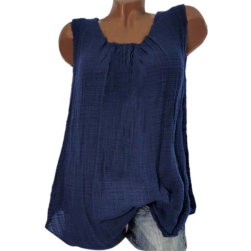 Plus Size Cotton Linen Sleeveless Baggy Tank Top – Casual U-Neck Summer Vest Blouse for Women
