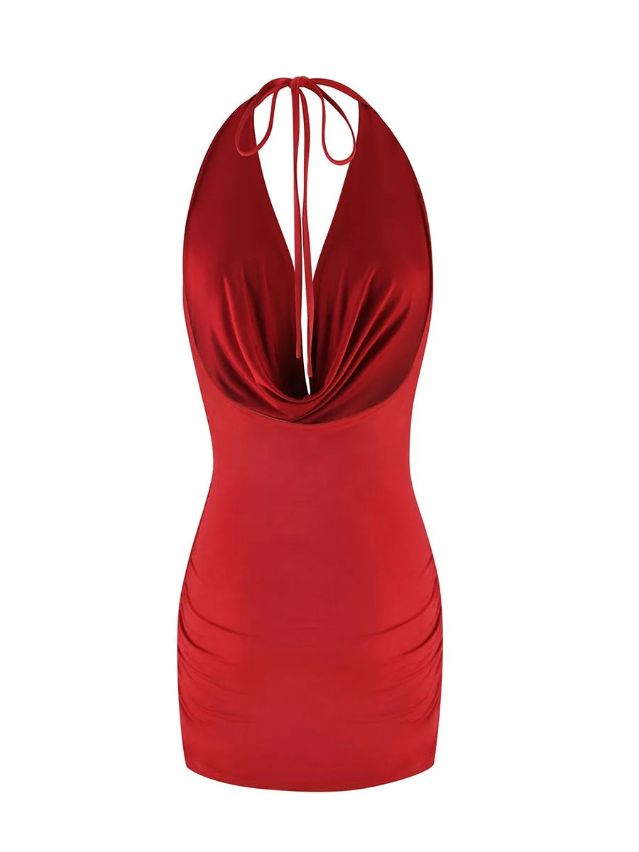Sleeveless Mini Dress with Open Back and Ruched Detailing - Solid Color Summer Dress