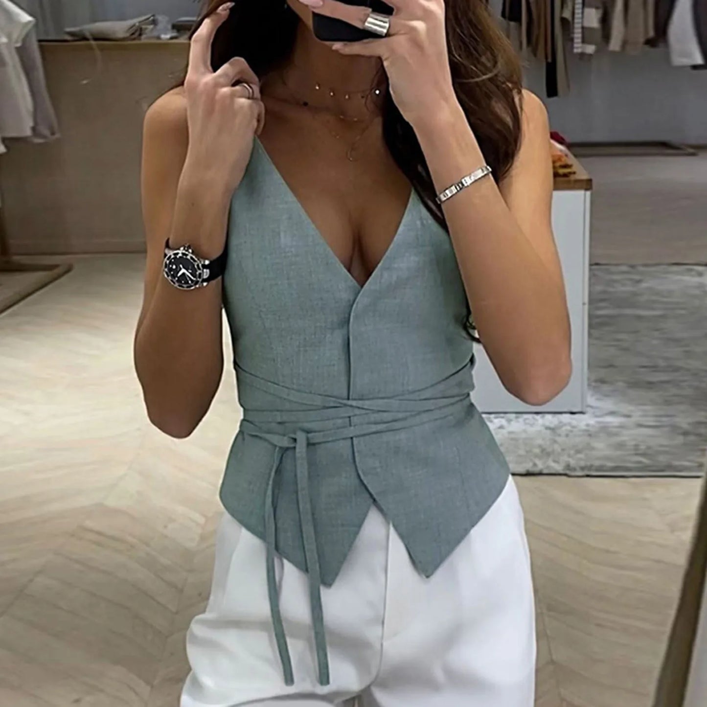 V-Neck Lace Up Slim Fit Tank Top – Sleeveless Y2K Cropped Camisole Cardigan for Women