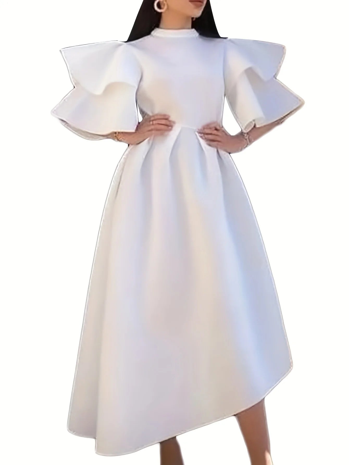 Double-layer ruffled sleeves solid color hem European and American dresses