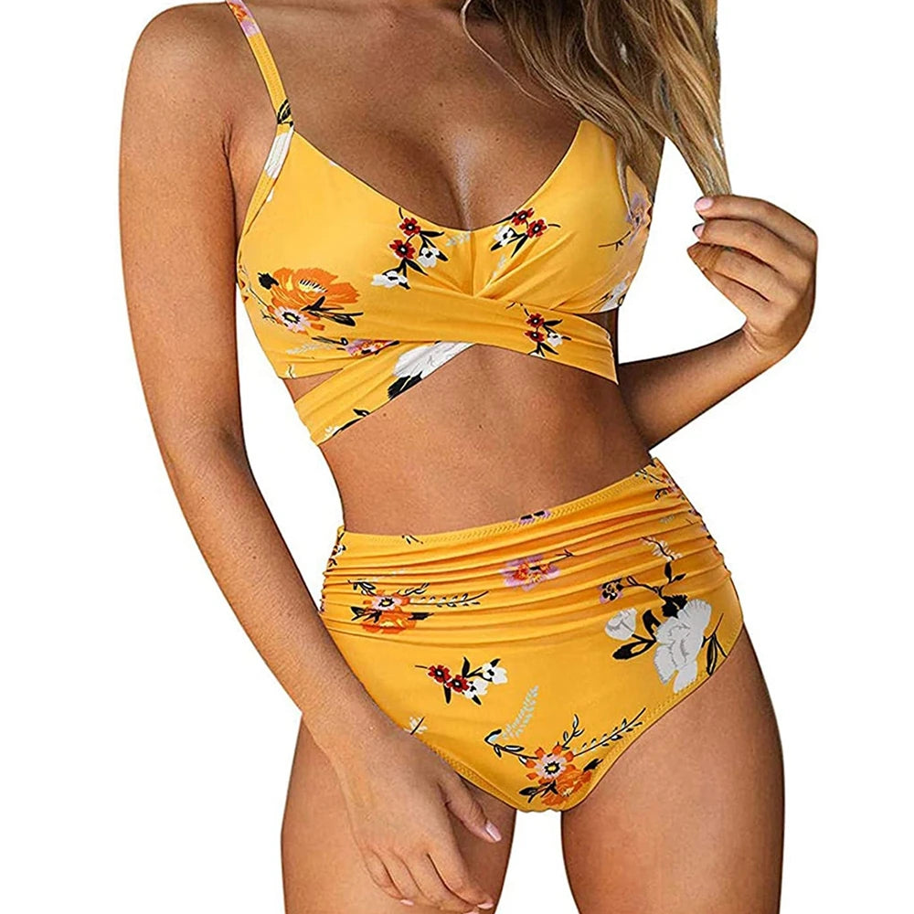 Hot 12 Colors Women Slim Bikini Sets High Waisted Sexy Swimwear 2 Pieces 2025 Solid/Floral Ruched Brazilian Swimsuit Cross Front