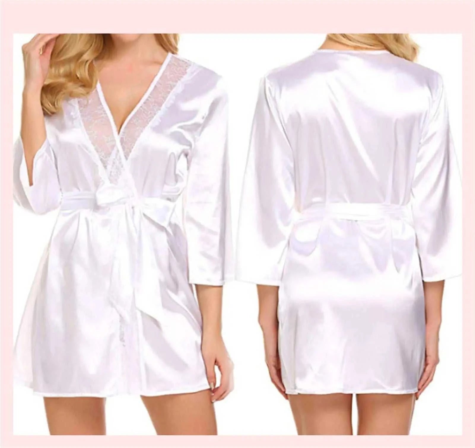 Women's Sexy Satin Solid Color Robe Lace Trim Kimono Nightgown Deep V Neck Lingerie Pajamas Bathrobe Sexy Sleepwear of Women ﻿