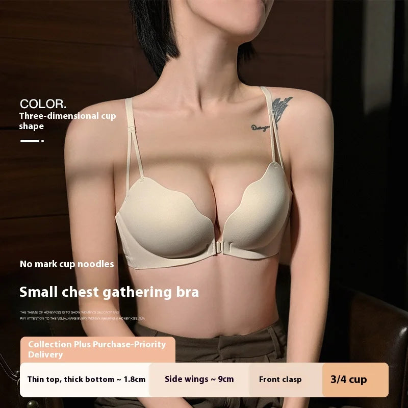 New Front Buckle Beautiful Back Underwear Women's Small Breasts Gathered Integrated Non-wired Breathable Non-marking Bra