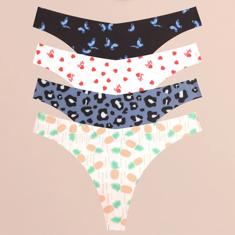 FINETOO Ultra Soft Seamless Graphic Print Thong Set – 4-Pack Stretch Leopard G-Strings for Women