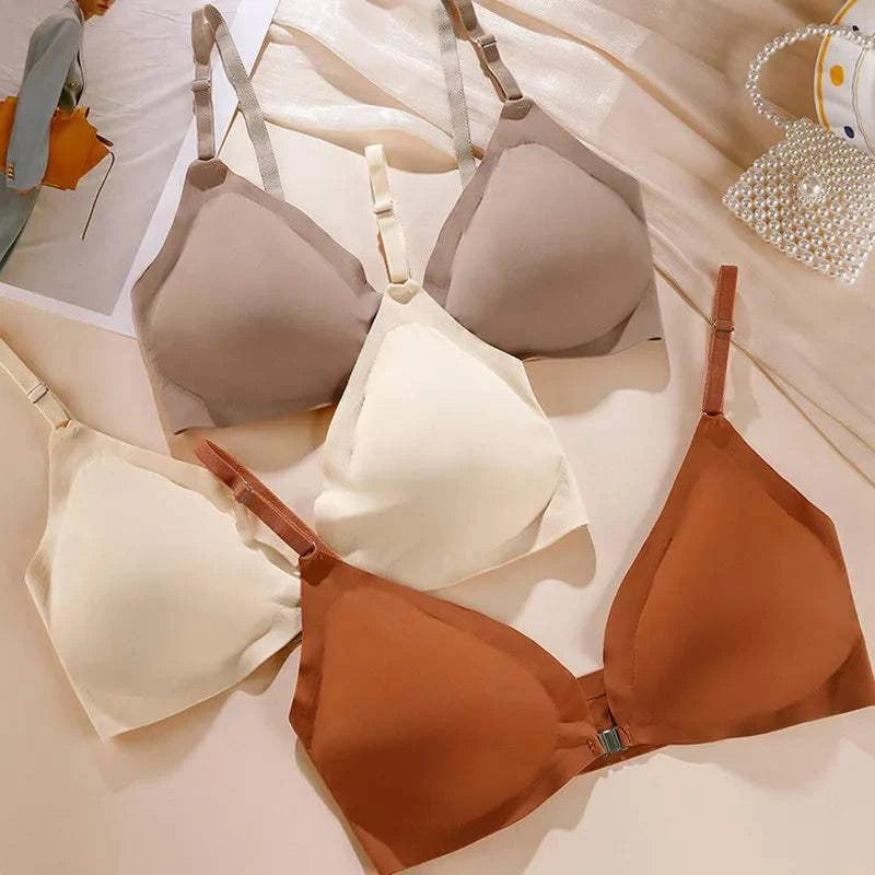Ice Silk Underwear Set Solid Color Seamless Bra Wireless Front Buckle Push Up Bra Comfortable Panties Sexy Underwear Set