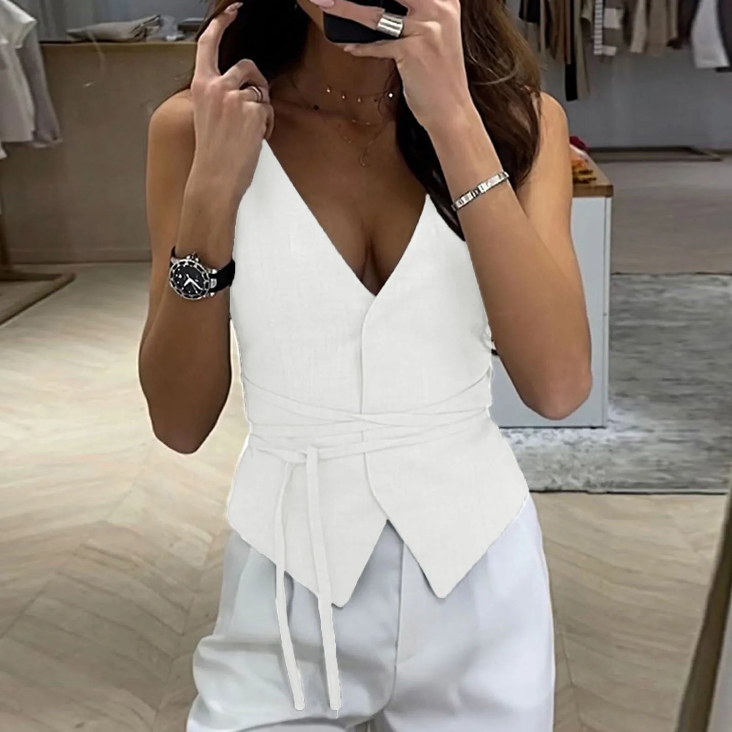 V-Neck Lace Up Slim Fit Tank Top – Sleeveless Y2K Cropped Camisole Cardigan for Women