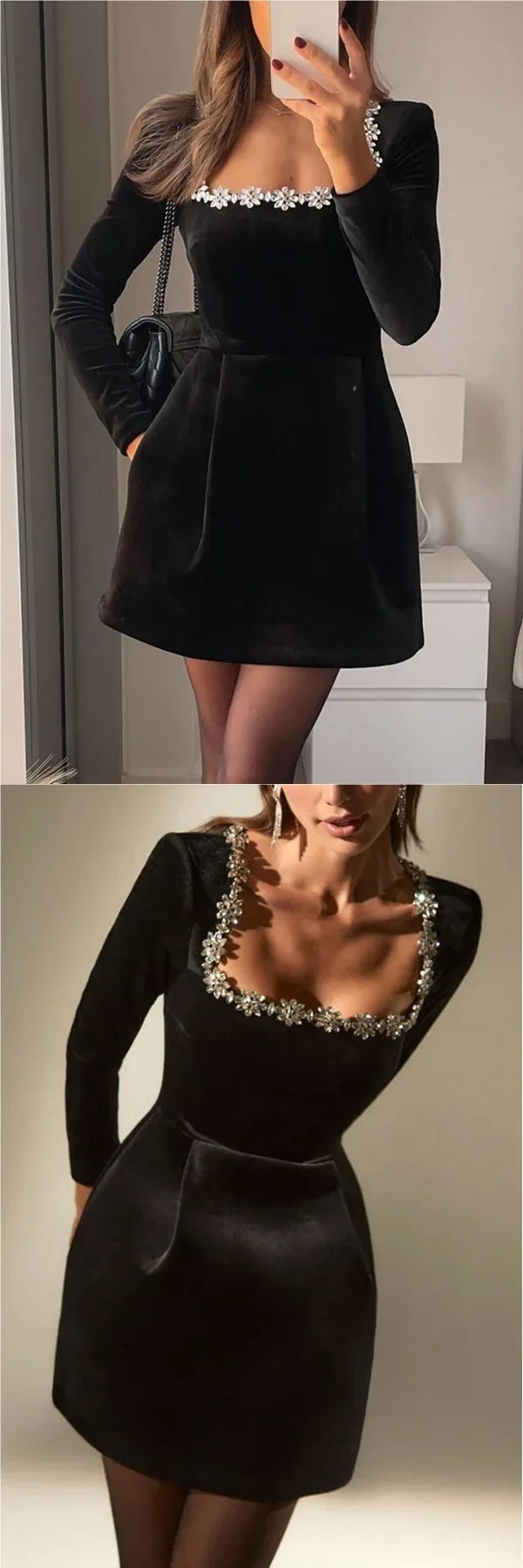 Elegant Short Velvet Dress with Diamond Embellishment Square Collar Independent Station Cross-border Spring Women's Fashion