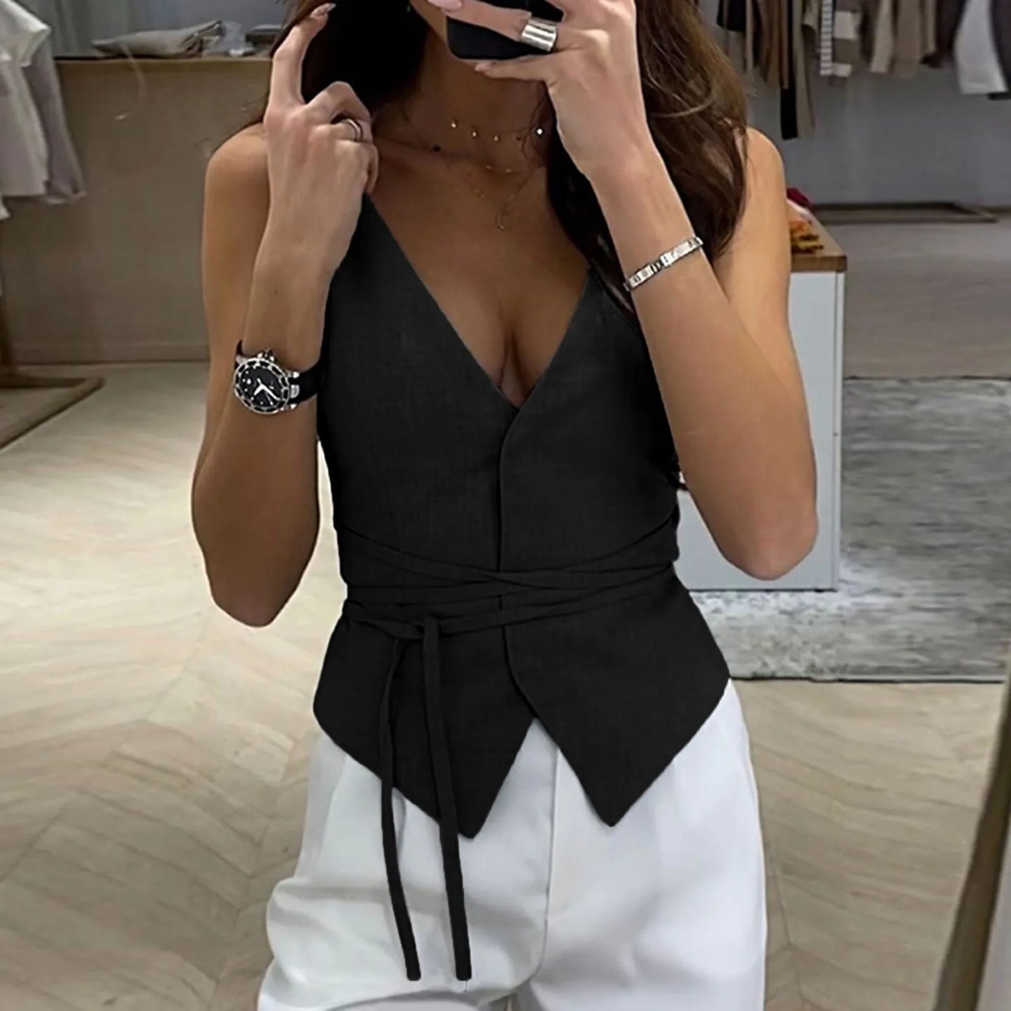 V-Neck Lace Up Slim Fit Tank Top – Sleeveless Y2K Cropped Camisole Cardigan for Women