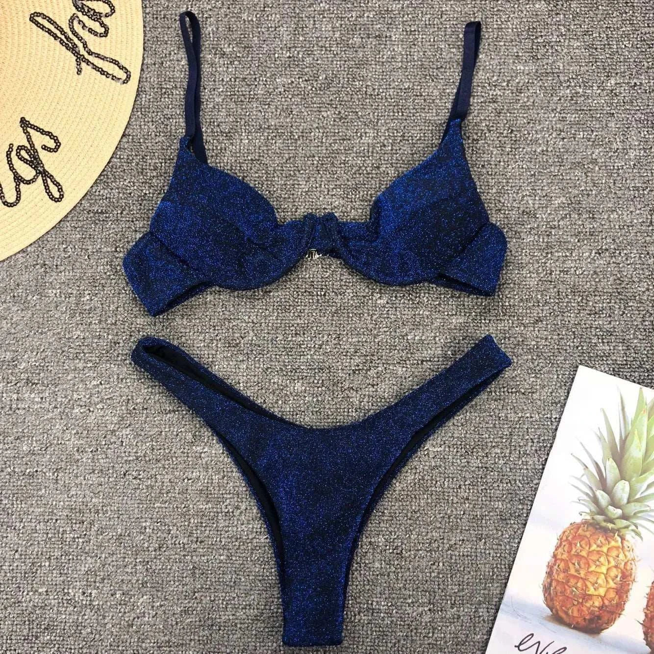 Sexy Silver Glitter Bikini 2022 Swimwear Women Push Up Cut Out Underwire Thong Swimsuit Summer Brazilian Bathing Suit Biquini