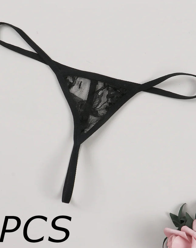 3PCS Sexy Lace See-Through Thong Bikini Set – V-Strap Panties Lingerie for Women