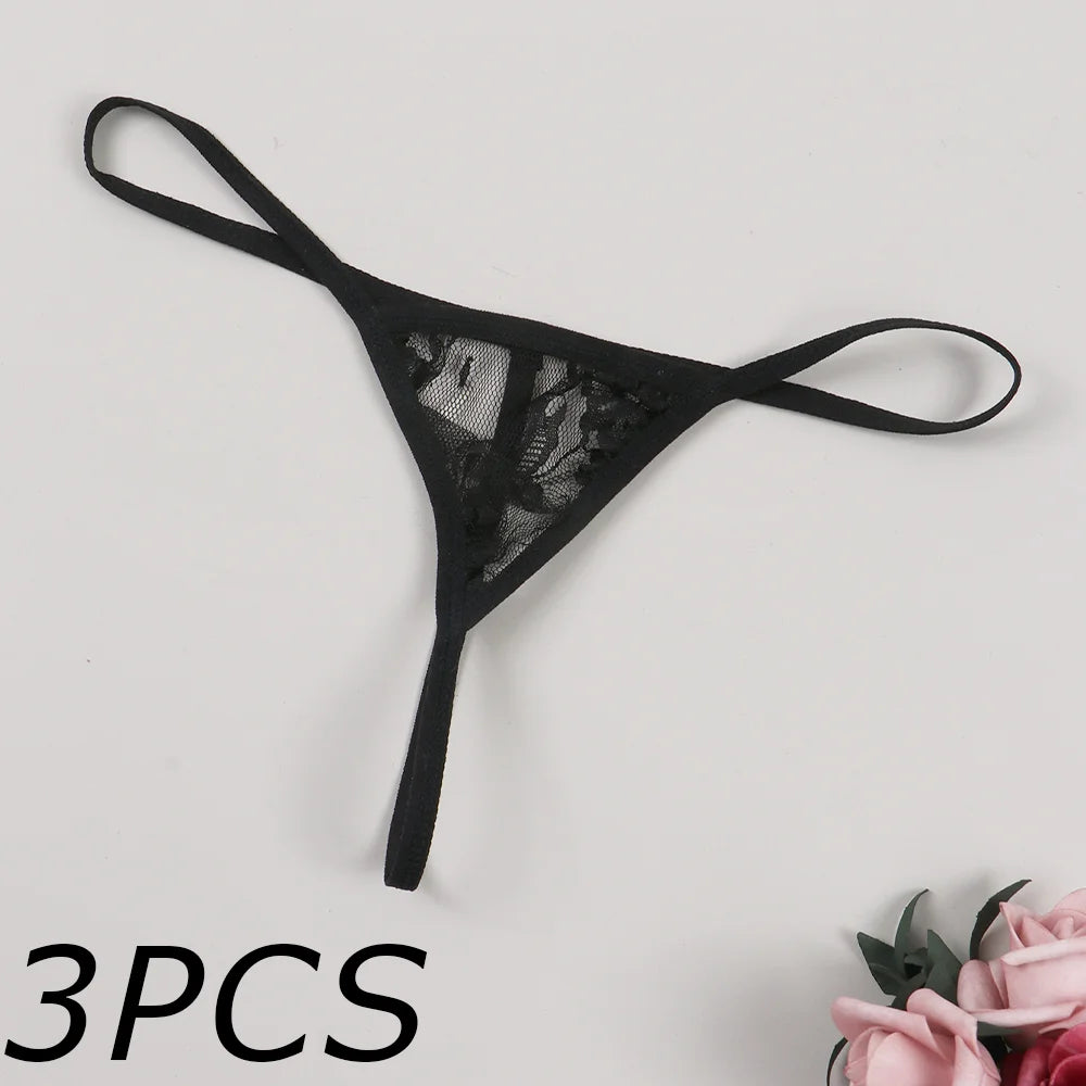 3PCS Sexy Lace See-Through Thong Bikini Set – V-Strap Panties Lingerie for Women
