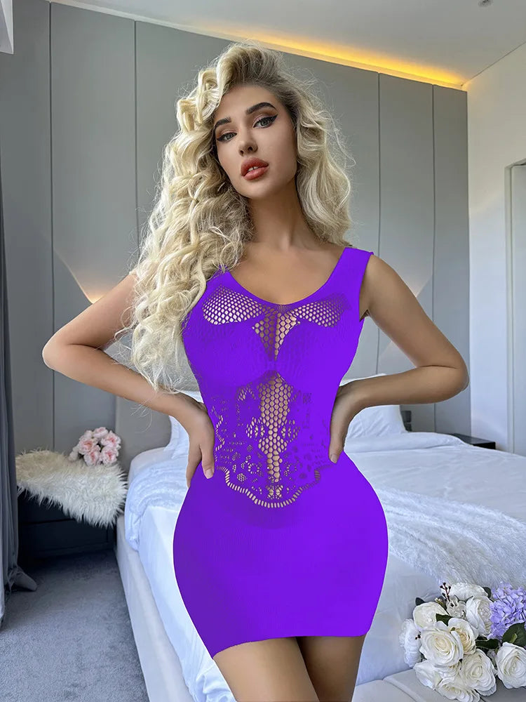 Women’s Sheer Fishnet Hollow-Out Backless Bodysuit Skirt – Erotic One-Piece Mesh Dress