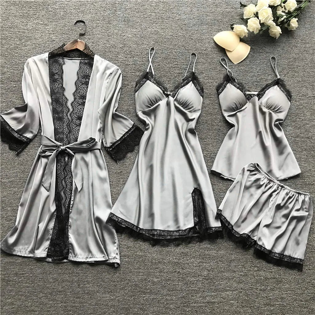 Women’s 4-Piece Satin & Lace Nightwear Set – Camisole, Shorts, Nightdress & Robe