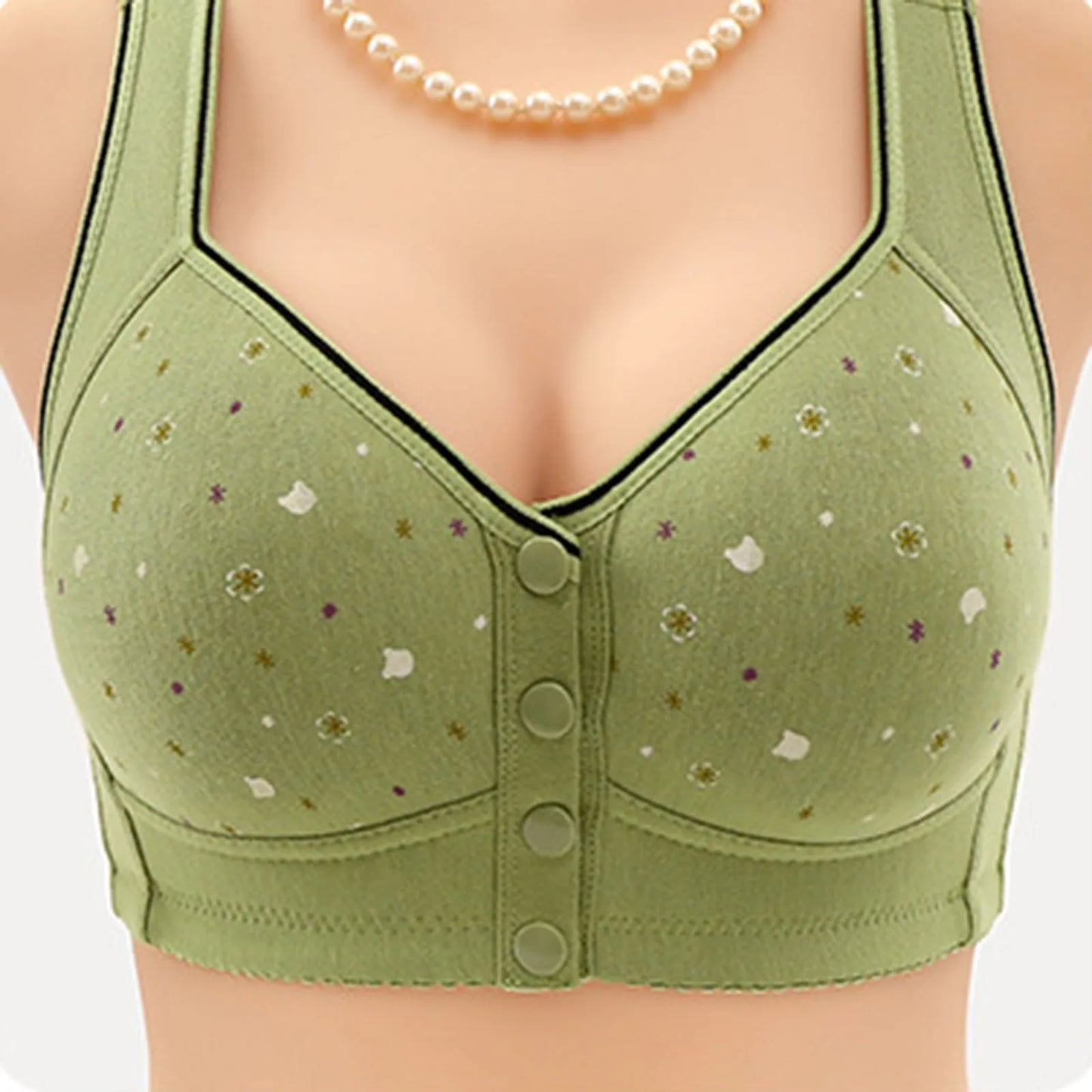 Front Button Retro Printed Bra Without Steel Ring Wide Shoulder Strap Middle-Aged Elderly Underwear Plus Size Women'S Vest Bras