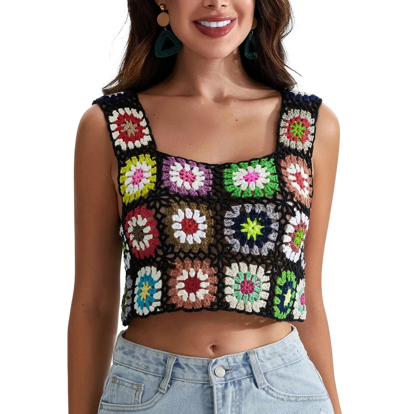 Womens Crochet Tank Top With Tassels Cover Ups Knit Colorful Floral Embroidery Summer Backless Camisole Fashion Casual Bohemian