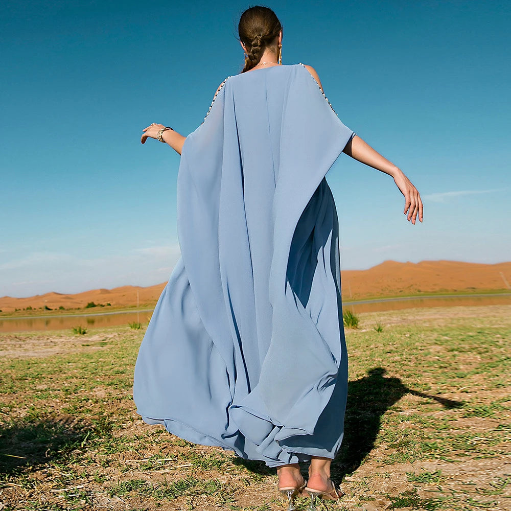 Diamond-Embellished Cold-Shoulder V-Neck Summer Kaftan Abaya – Luxury Evening Party & Eid Gown