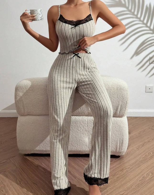 Home service gray love suspender vest pajamas Female can wear long pants two -piece suit