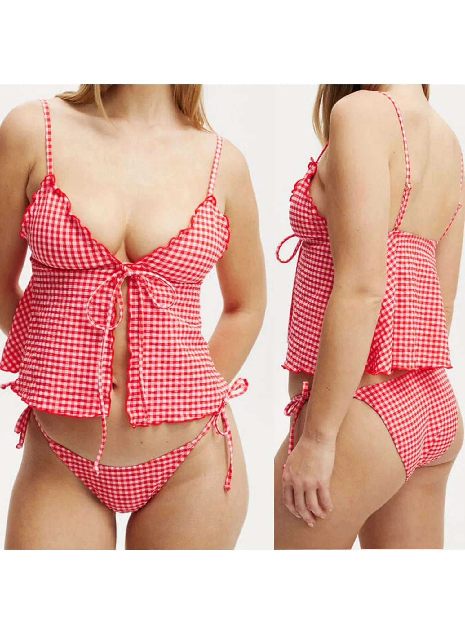 Women s Plaid Print Sleeveless Cami Top with Deep V Neckline and Front Tie-up Detail - Stylish Split Shirt for Summer