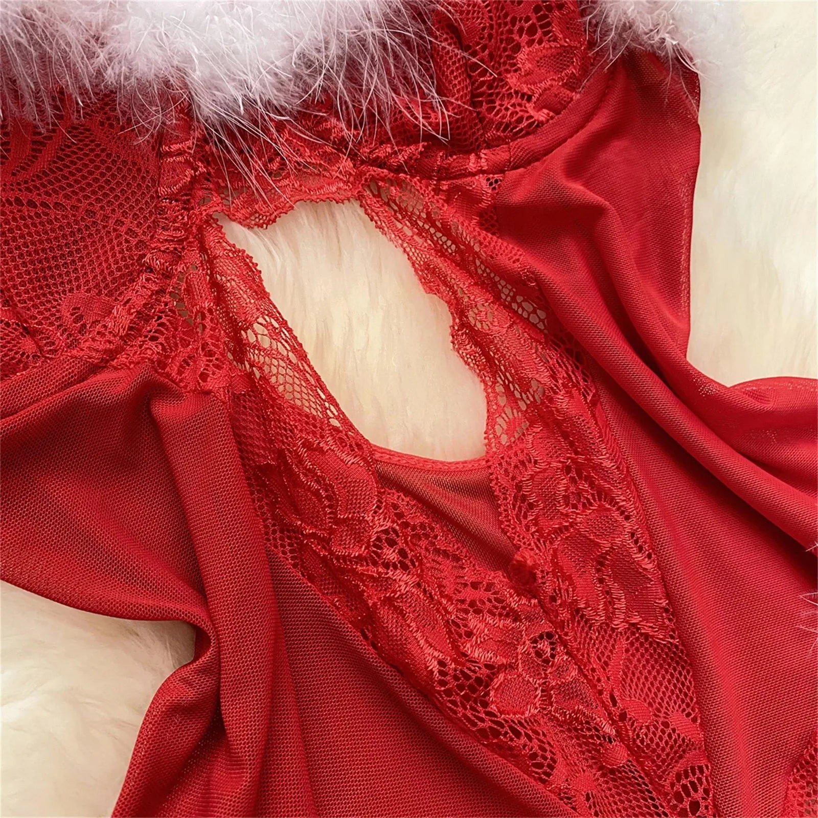 Women's Sexy Christmas Erotic Lingerie Furry With Steel Ring Lace Bodysuit Negligee Lingerie Секси Комплект Женского Белья
