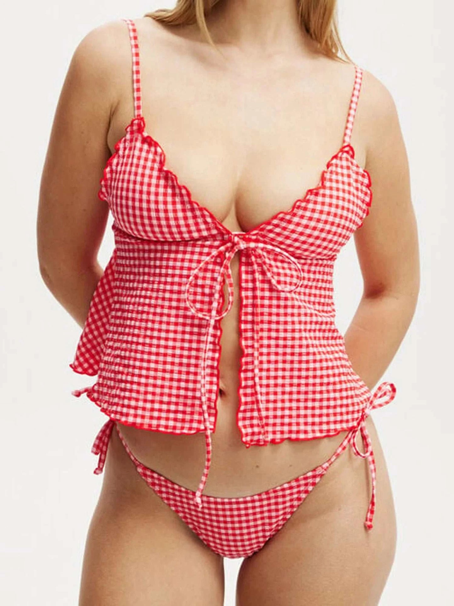 Women s Plaid Print Sleeveless Cami Top with Deep V Neckline and Front Tie-up Detail - Stylish Split Shirt for Summer