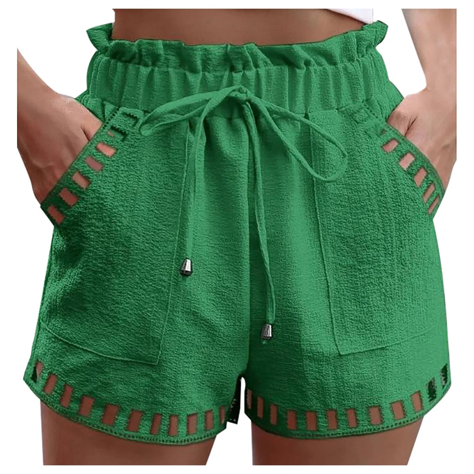 Cotton Linen Shorts Women'S Pants Solid Color Thin Hollow Out Design Trim Pocket Tight Waist Shorts Beachwear White Clothes