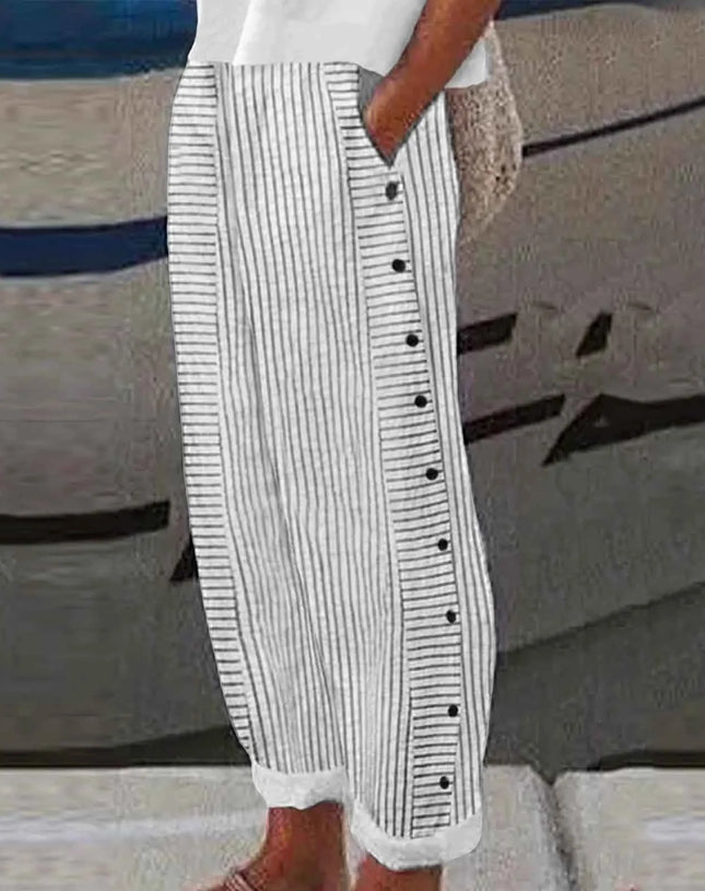 Long Linen Pants Women Women Summer Fashion Striped Print Button Casual Versatile Loose High Waist Yoga Dress Pants For Women