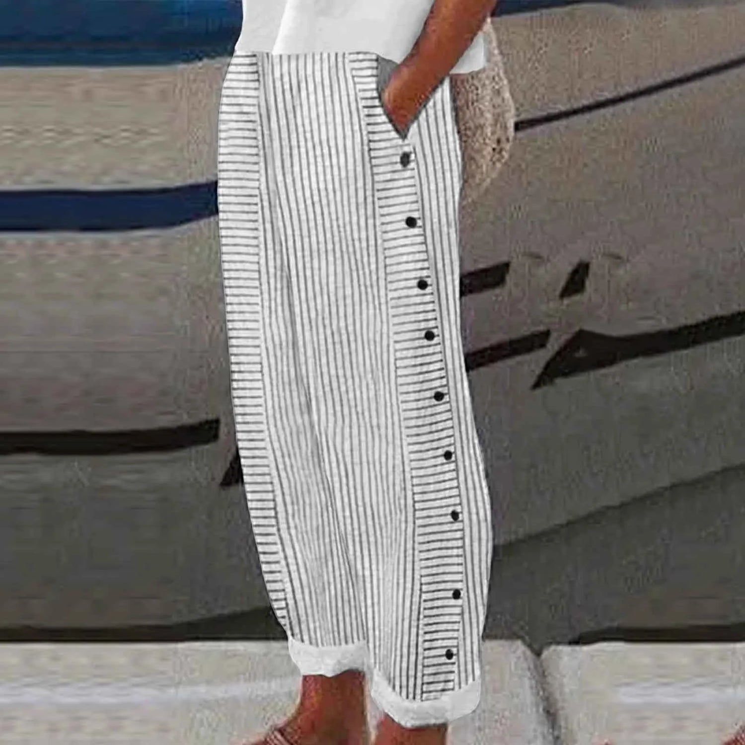 Long Linen Pants Women Women Summer Fashion Striped Print Button Casual Versatile Loose High Waist Yoga Dress Pants For Women