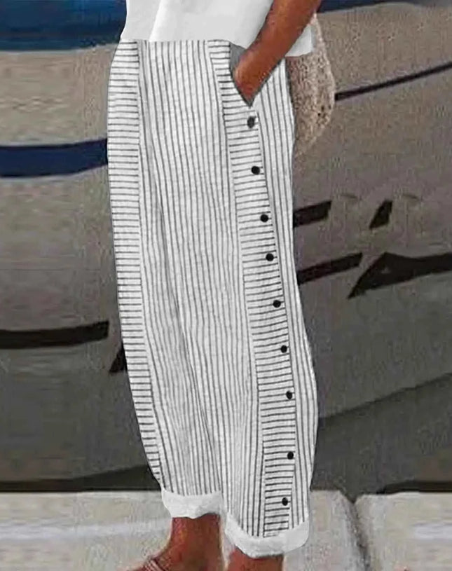 Long Linen Pants Women Women Summer Fashion Striped Print Button Casual Versatile Loose High Waist Yoga Dress Pants For Women