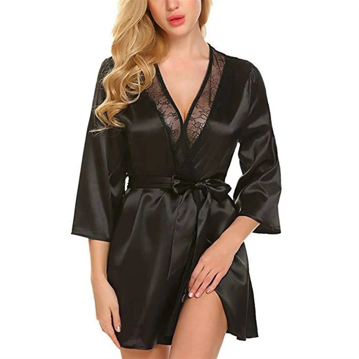 Women's Sexy Satin Solid Color Robe Lace Trim Kimono Nightgown Deep V Neck Lingerie Pajamas Bathrobe Sexy Sleepwear of Women ﻿