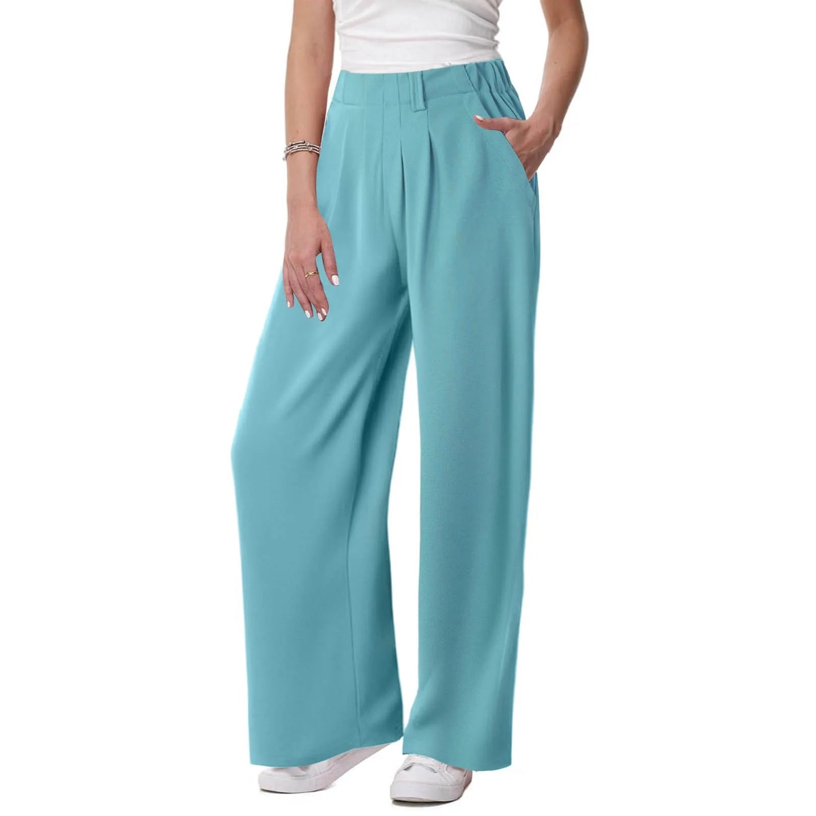 Womens Solid Color Straight Tube Loose Stretch Yoga Pants with Pockets Streetwear Waffle Palazzo Pants Women Joggers Baggy Pants