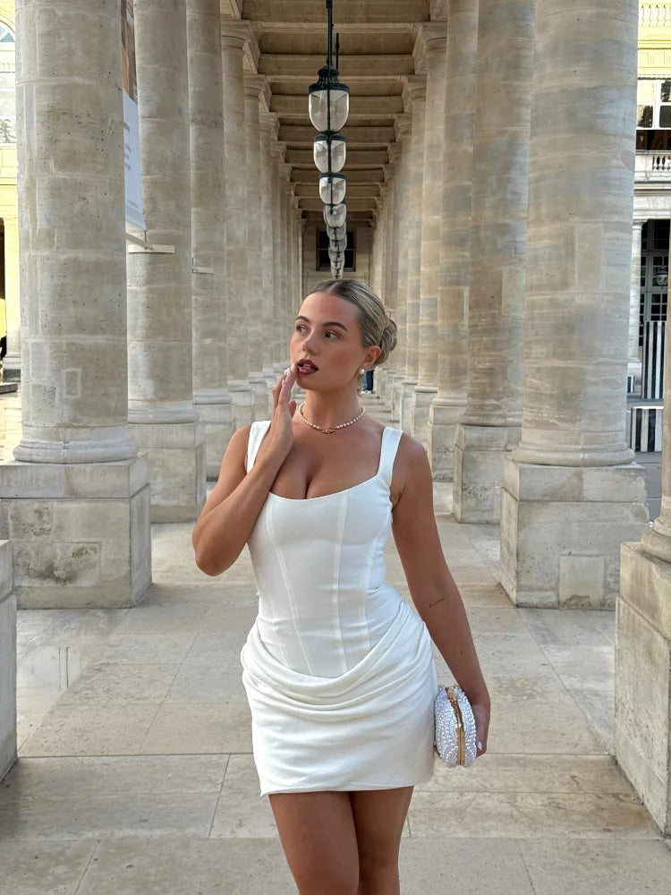 Women Square-neck Halter Mini Dress Sexy Pleated Sleeveless Backless High Waist Bodycon Dresses 2025 New Summer Lady Party Robes