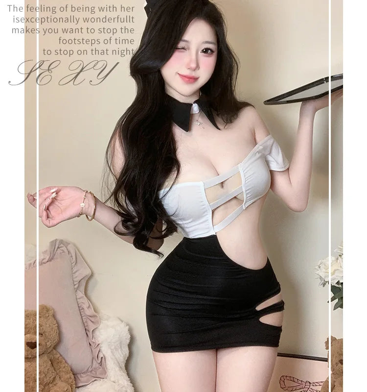 Sexy Strap Hollow Out Chest Secretary Tight Bag Hip Tank Mini Dress Pure Dress Elegant Sweet Korean Women 2025 New HI2D
