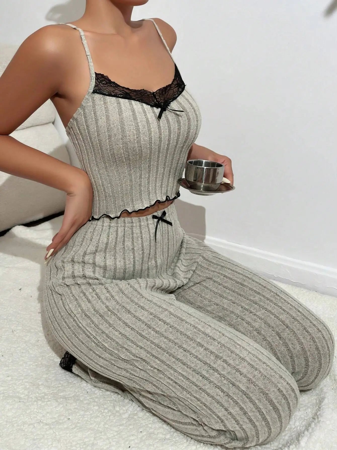 Home service gray love suspender vest pajamas Female can wear long pants two -piece suit