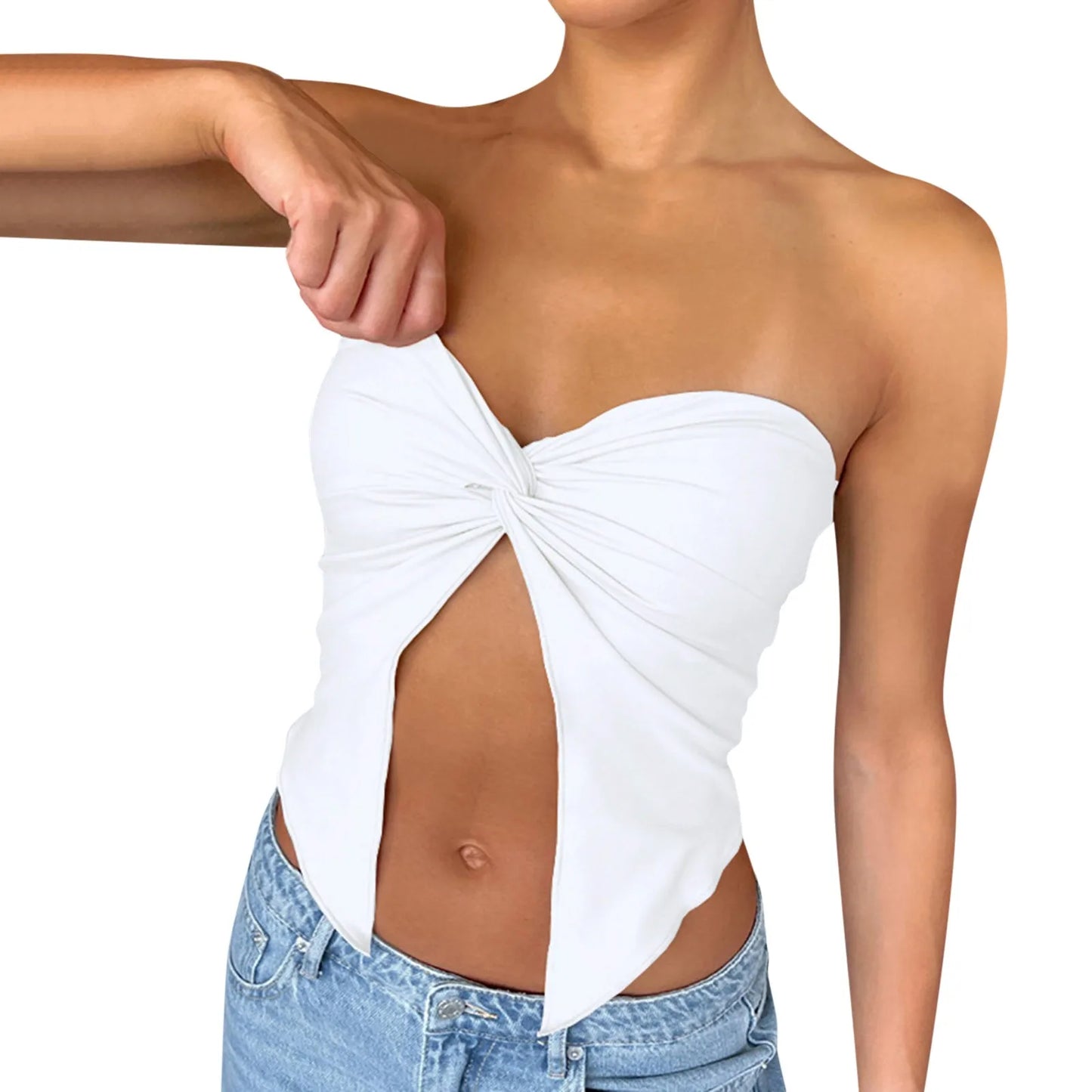Ruched Strapless Bandeau Crop Top – Casual Backless Tube Top for Women