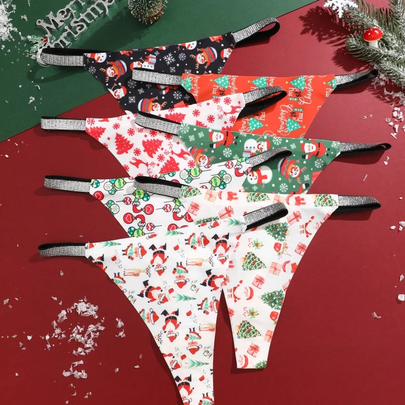 New 4Pcs Christmas Print Underwear Breathable Shiny Belt Thong Women Skin-friendly Fashionable Casual Christmas Gifts