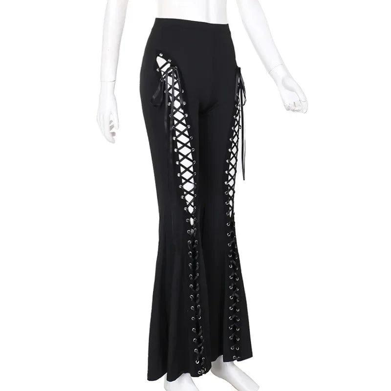 Grunge Streetwear Zwarte Bandage Broek Cyber Gothic Punk Hollow Out Flare Broek Vrouwen Emo Hoge Taille Sexy Alt Bottom