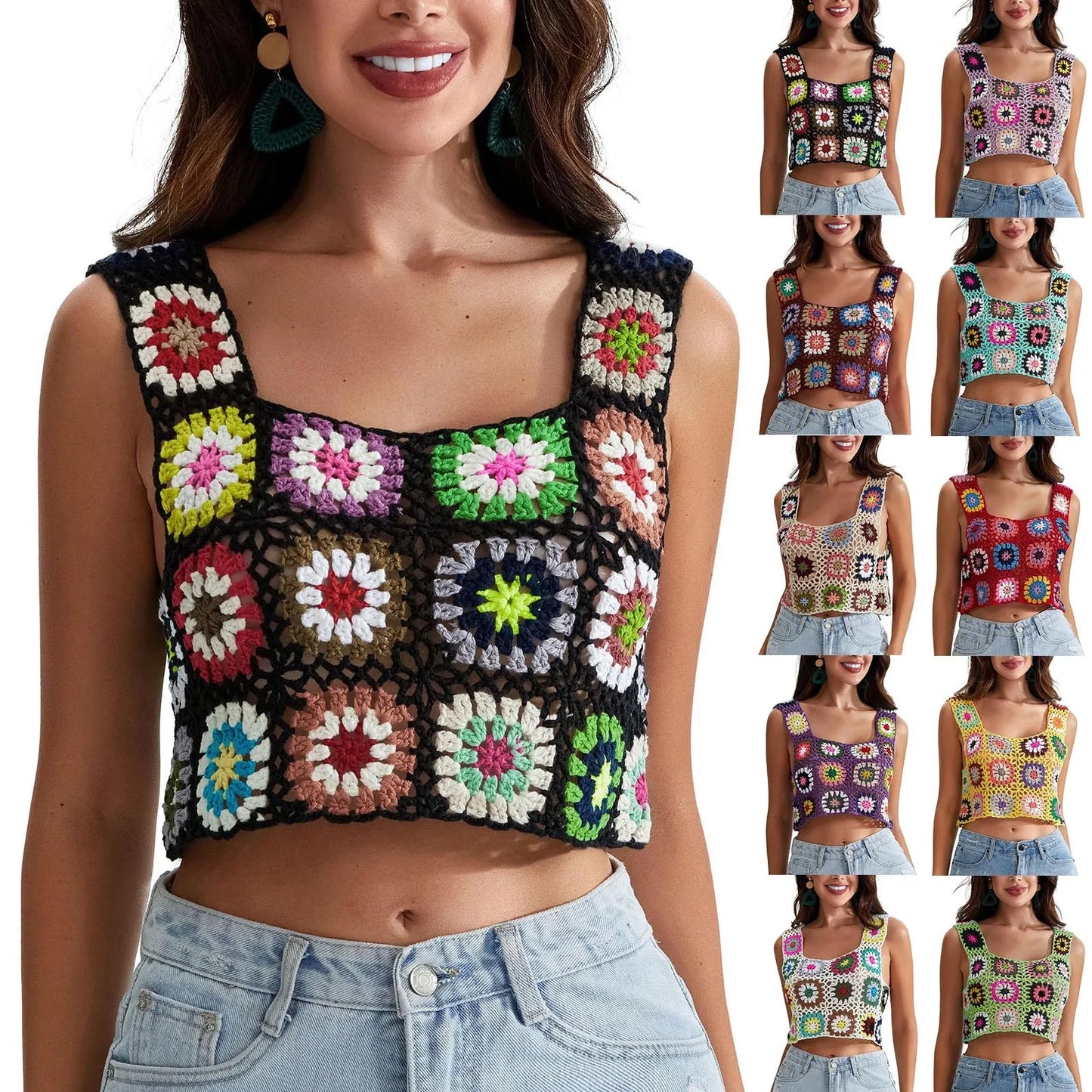 Womens Crochet Tank Top With Tassels Cover Ups Knit Colorful Floral Embroidery Summer Backless Camisole Fashion Casual Bohemian