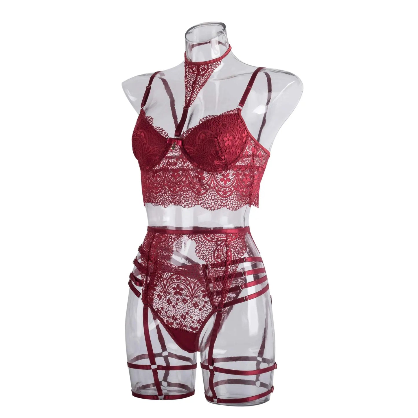 New burgundy hot gathering bra set sexy sheer lace eyelash halterneck bra thong detachable leg ring erotic lingerie