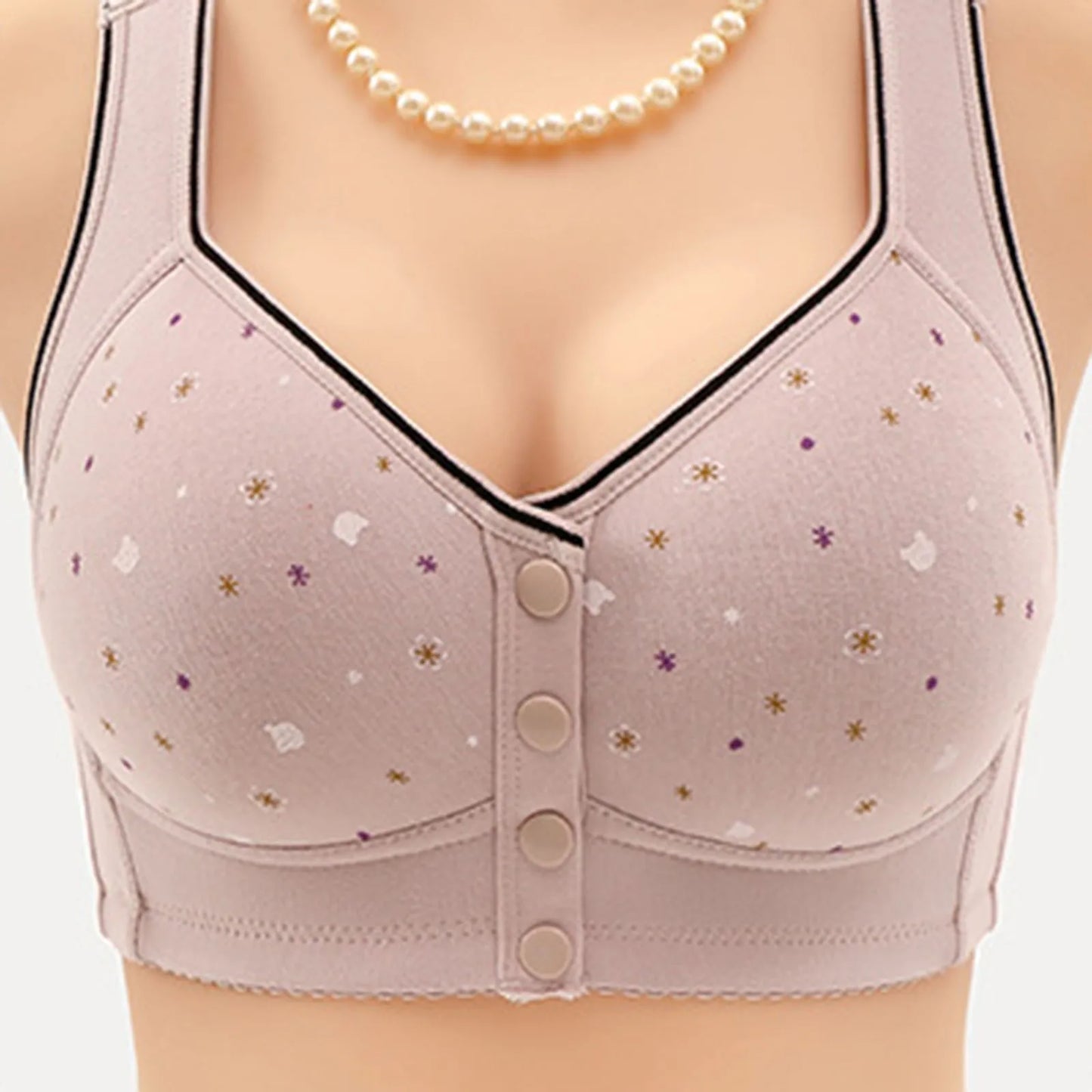Front Button Retro Printed Bra Without Steel Ring Wide Shoulder Strap Middle-Aged Elderly Underwear Plus Size Women'S Vest Bras