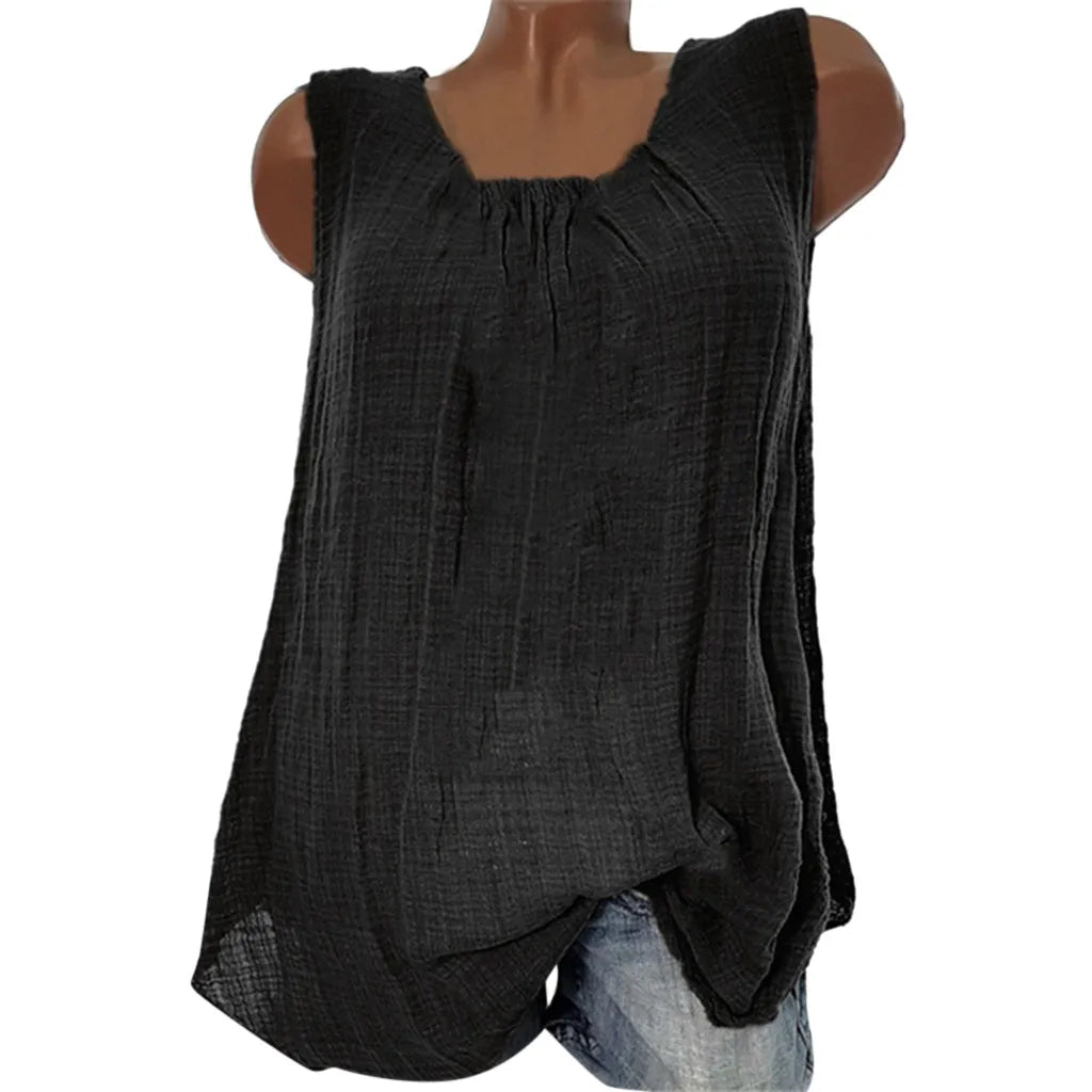Plus Size Cotton Linen Sleeveless Baggy Tank Top – Casual U-Neck Summer Vest Blouse for Women