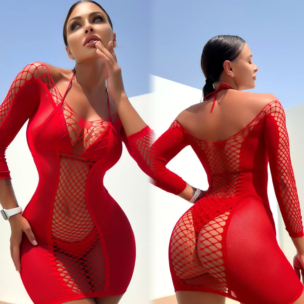 Strapless Fishnet Mesh Mini Babydoll – Sheer See-Through Lingerie Dress