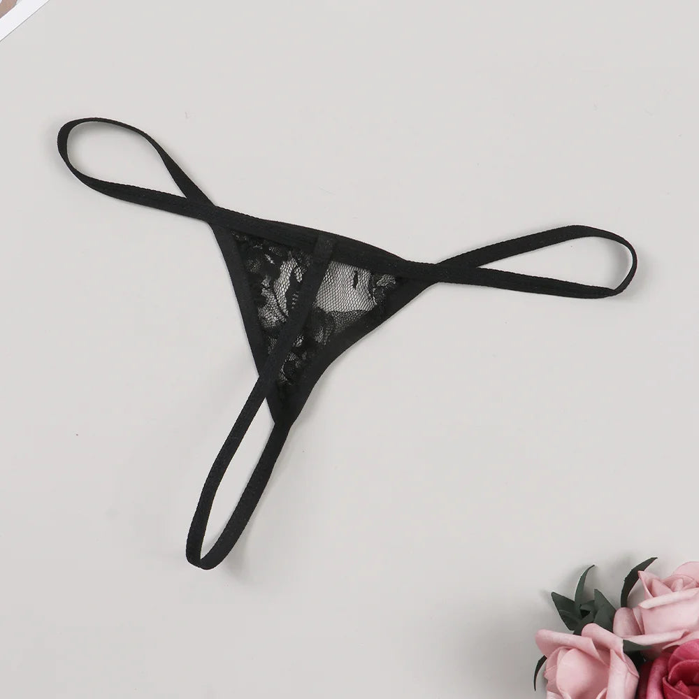 3PCS Sexy Lace See-Through Thong Bikini Set – V-Strap Panties Lingerie for Women