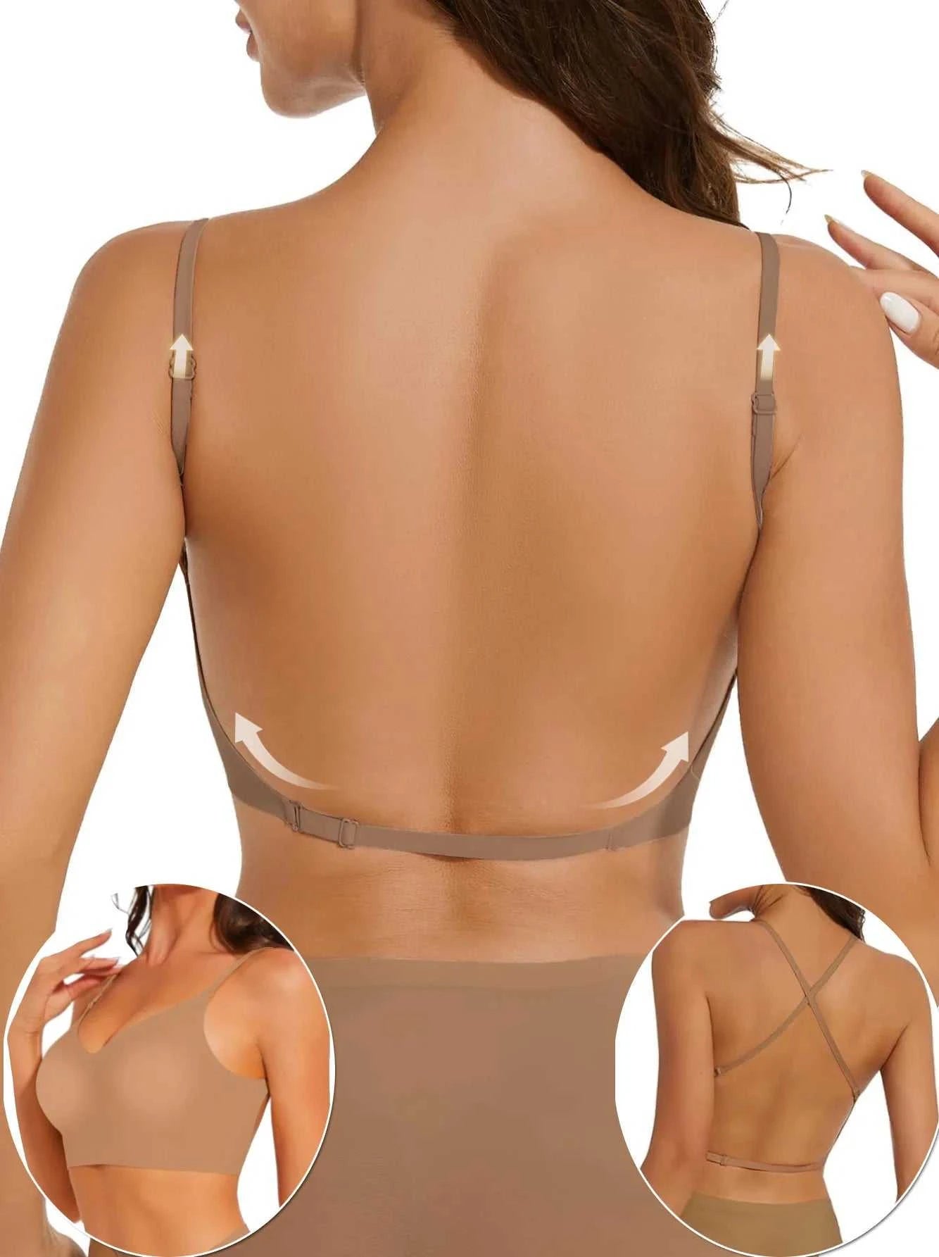 Women Invisible Bra Deep U Plunge Bras Backless Top for Dresses Sexy Lingerie with Transparent Strap Push Up Strapless Underwea